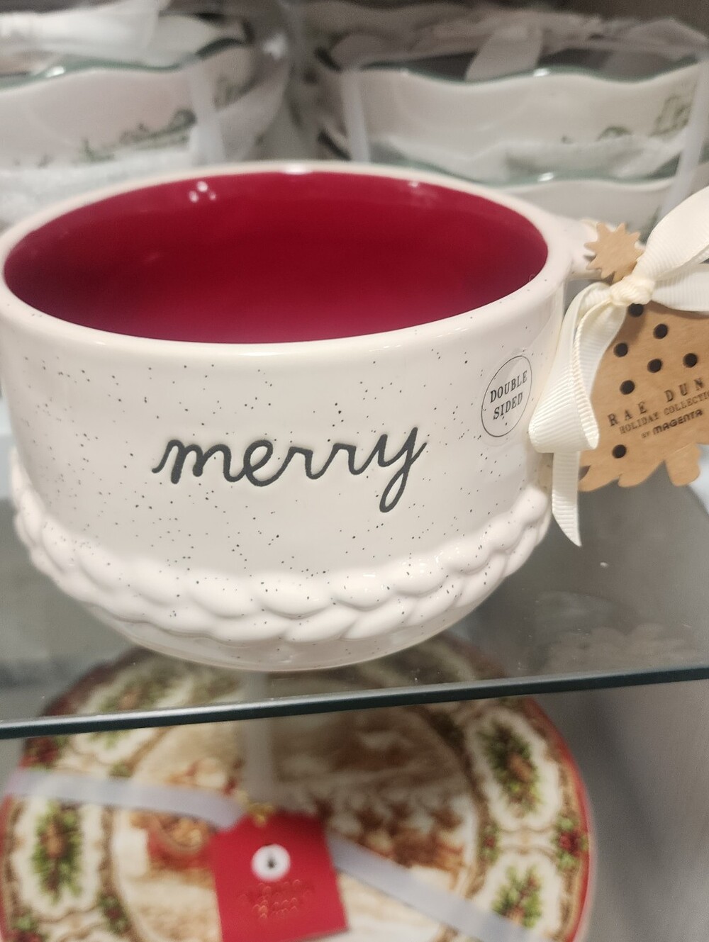 Rae Dunn White Ceramic Soup Mug with Red Interior - 'merry' Script